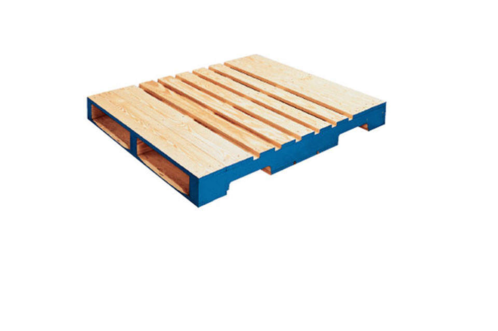 this is a 2-Way pallet notice how the stringers sit on top of decks boards and have another set of deck boards on top, compared to the skid which has only one deck on top. Also notice how the pallet allows for a lift truck to enter from 2 sides