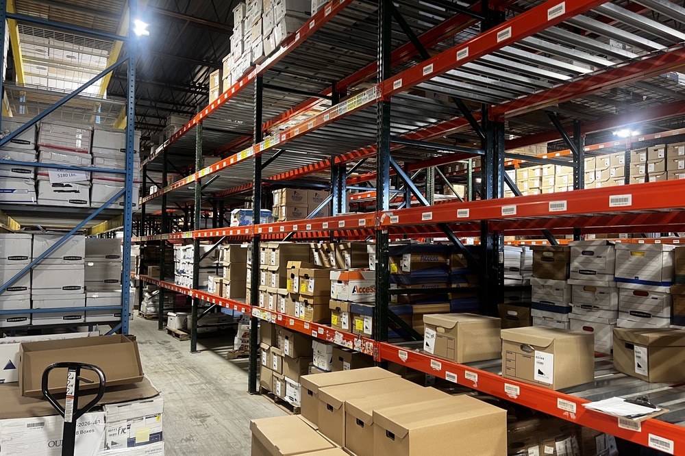 Images of used warehouse equipment liquidated from a record storage facility in Nashua, New Hampshire