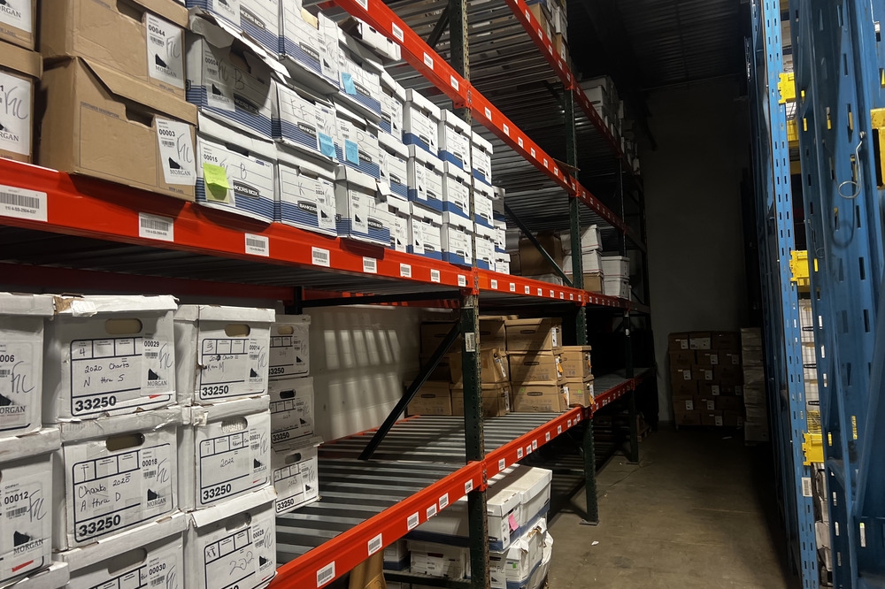 Images of used warehouse equipment liquidated from a record storage facility in Nashua, New Hampshire