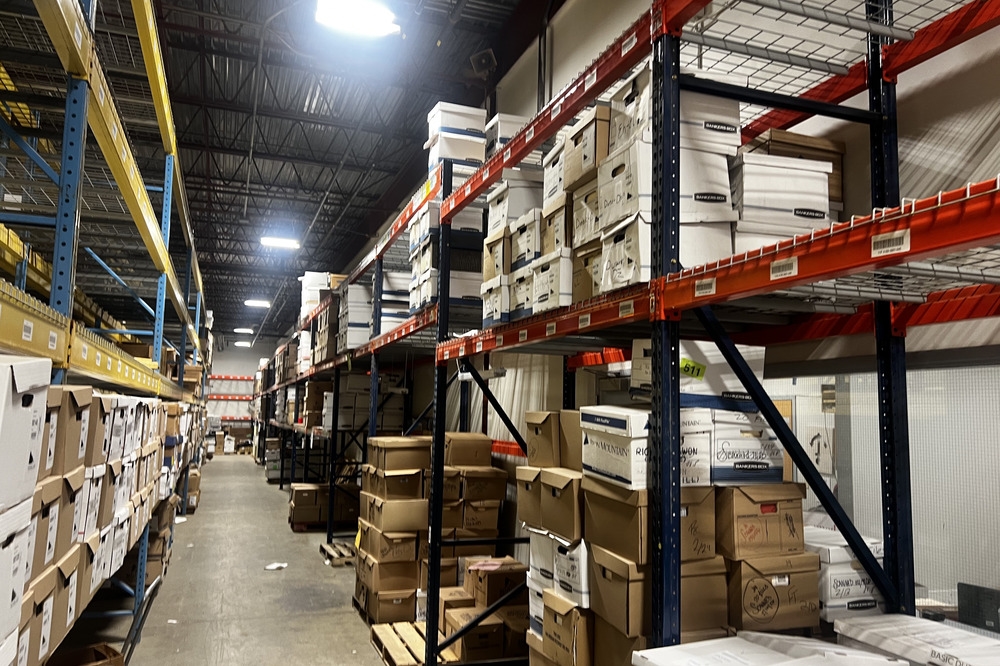 Images of used warehouse equipment liquidated from a record storage facility in Nashua, New Hampshire