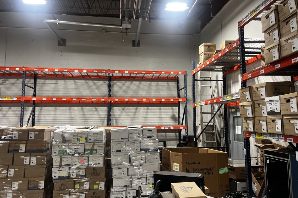 Images of used warehouse equipment liquidated from a record storage facility in Nashua, New Hampshire