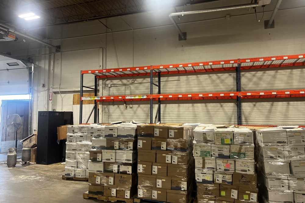 Images of used warehouse equipment liquidated from a record storage facility in Nashua, New Hampshire