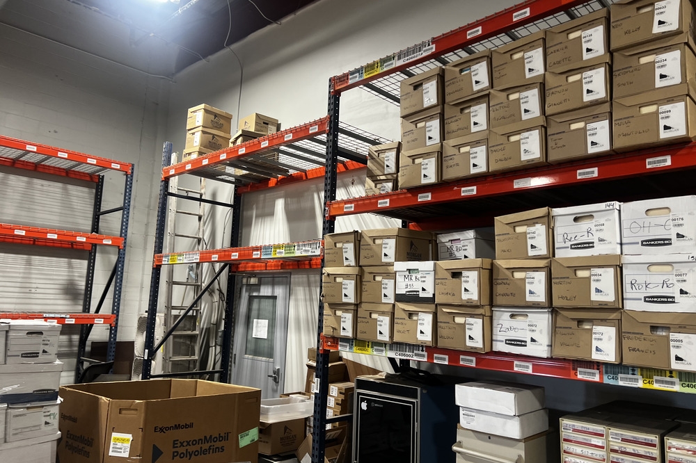 Images of used warehouse equipment liquidated from a record storage facility in Nashua, New Hampshire