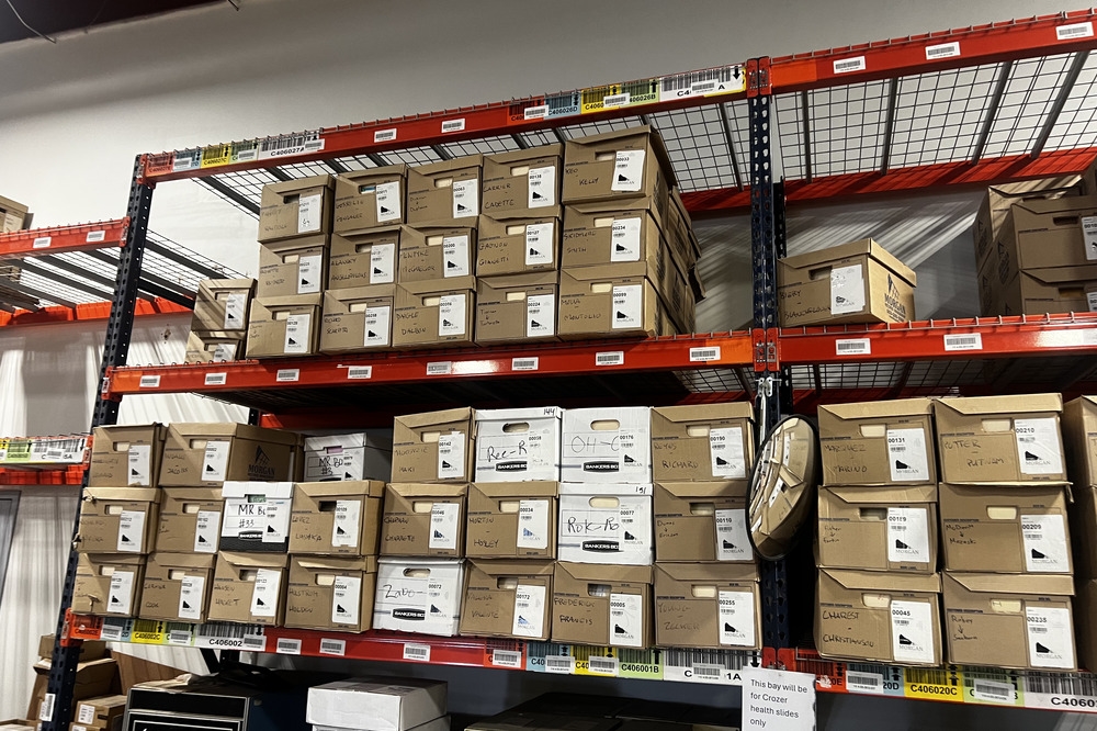 Images of used warehouse equipment liquidated from a record storage facility in Nashua, New Hampshire