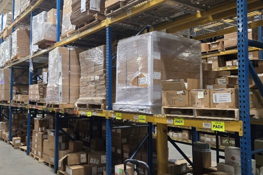 Images of used teardrop pallet racking material liquidated from a warehouse in Toledo, Ohio