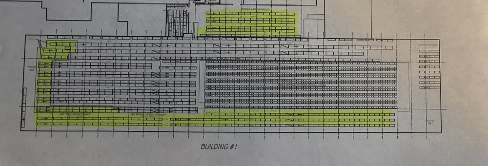Drawing of Interlake Racking System with available materials highlighted in yellow
