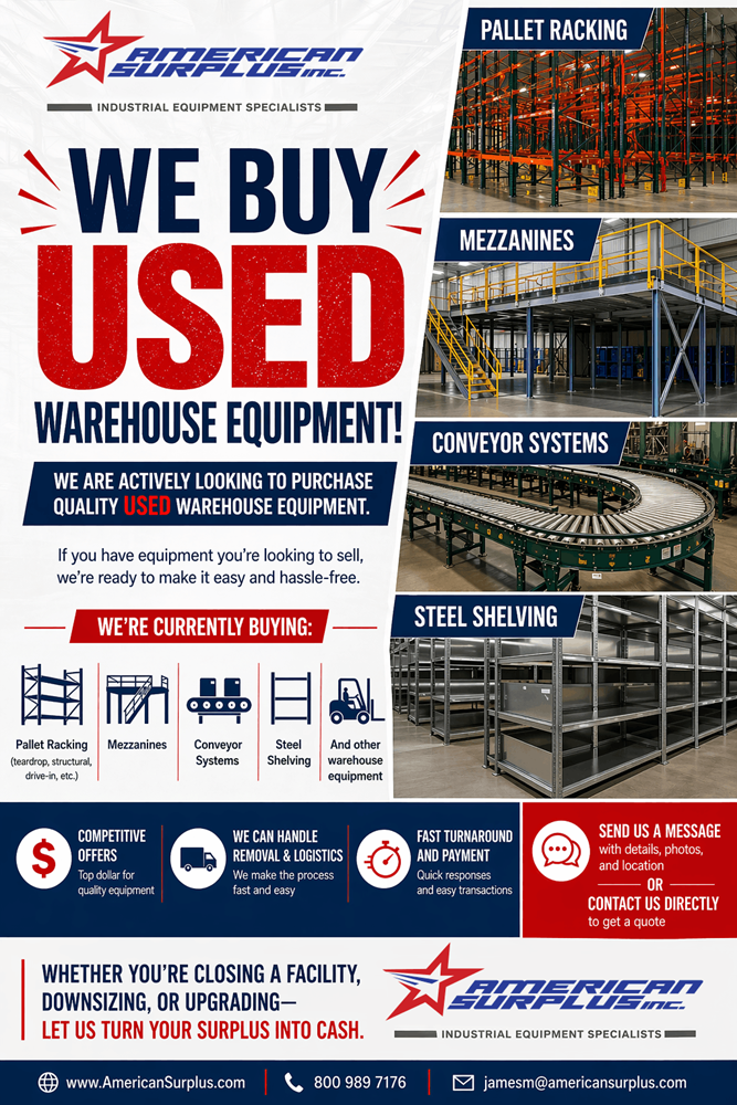 We Buy Used Warehouse Equipment! American Surplus is actively looking to purchase quality used warehouse equipment. If you have equipment you're looking to sell, we're ready to make it easy and hassle free. We're currently buying Pallet Racking (Teardrop, Structural, Drive-In, and other styles), Mezzanines, Conveyor, Steel Shelving, and other warehouse equipment. Some features of the ASI warehouse equipment purchasing program include 1) Competitive offers, returning you top dollar for your warehouse equipment. 2) ASI handles removal & logistics, making the process quick and easy. 3) Fast Turnaround Time and Payment with quick responses and easy transactions. Whether you're closing a facility, downsizing, or upgrading - Let us at ASI turn your Surplus into Cash. Send us a message with details, photos, and location to jamesm@americansurplus.com or contact us directly for a free quote at (800) 989-7176!