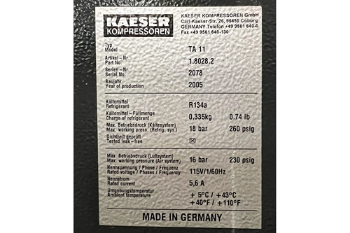  Used KAESER Air Dryer Spec Plate