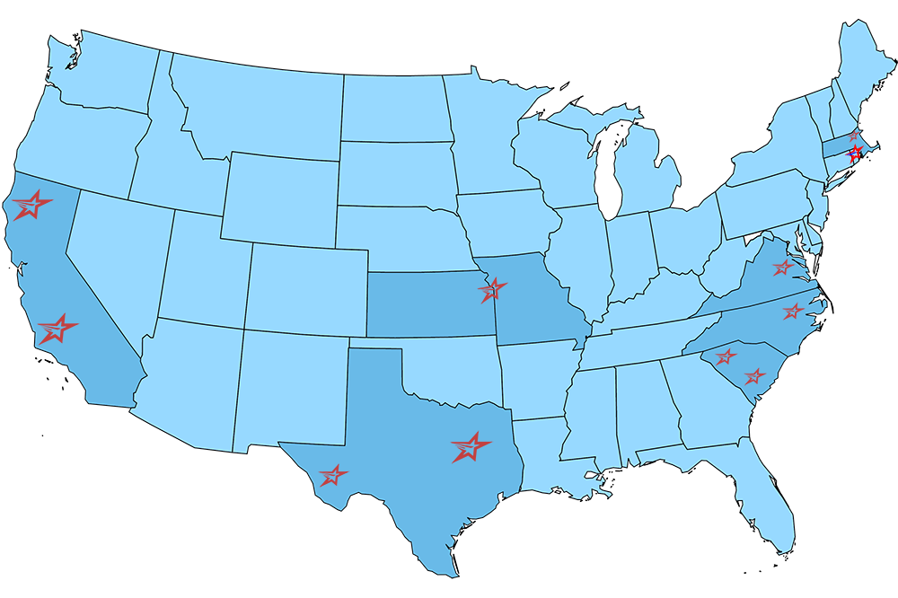 Map of Available FOB points for new teardrop rack, including shipping locations out of California, North Carolina, South Carolina, Massachusetts, Missouri, Rhode Island, Texas, and Virginia.