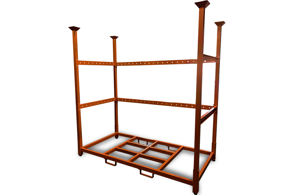 Heavy-duty orange stack rack for warehouse storage with removable posts and open steel base for pallet support