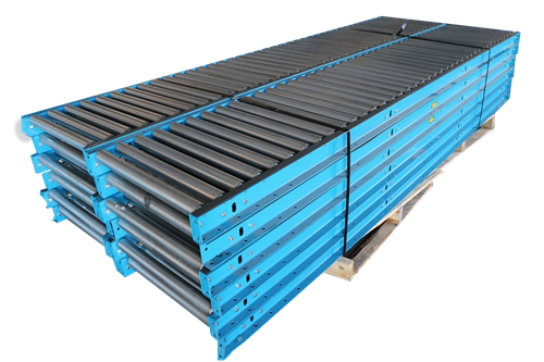 Stack of used blue gravity roller conveyors secured on a wooden pallet for warehouse material handling applications