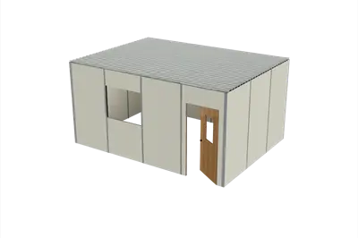 Modular in-plant office with solid panel walls, a corrugated metal roof, interior window openings, and a wood entry door for warehouse installation