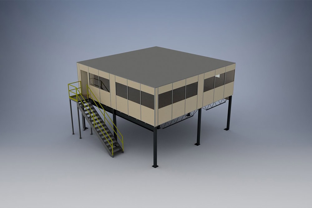 Used Inplant Office - 1 Level Mezzanine Elevated modular in-plant office with enclosed walls, integrated windows, metal staircase, and steel mezzanine support structure for warehouse applications