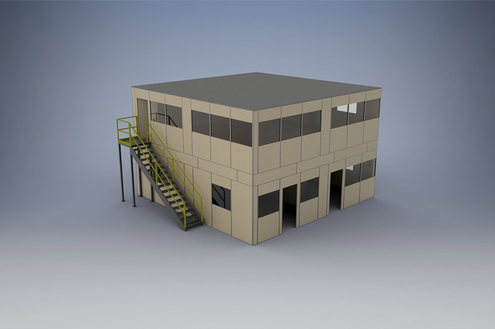 Used Inplant Office - 2 Level Plan Two-story modular in-plant office with stair access, exterior windows, and multiple ground-level entry doors, designed for warehouse or industrial use