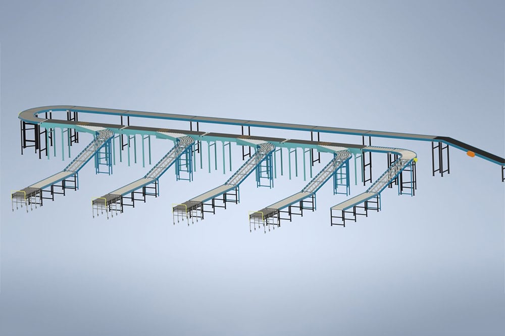 3D rendering of a multi-lane conveyor system with elevated main line and multiple angled sortation conveyors branching off for distribution or order fulfillment applications.