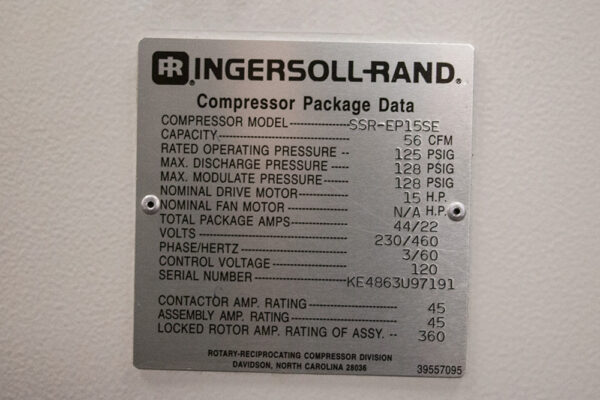 Used Ingersoll-Rand EP15SE Rotary Screw Air Compressor Specifications