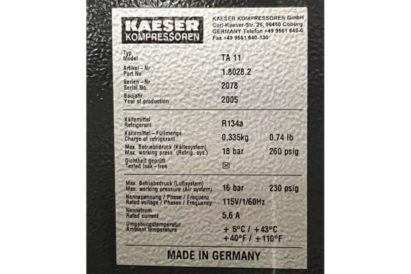 Used KAESER Air Dryer Spec Plate