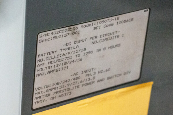 Used Prestolite 1050T3 Multi-Volt Ultra Charger Specifications Badge