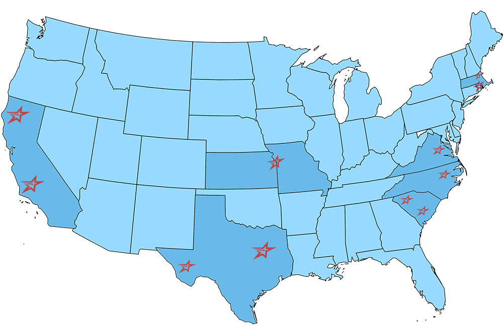 Map of Available FOB points for new teardrop rack, including shipping locations out of California, North Carolina, South Carolina, Massachusetts, Missouri, Rhode Island, Texas, and Virginia.