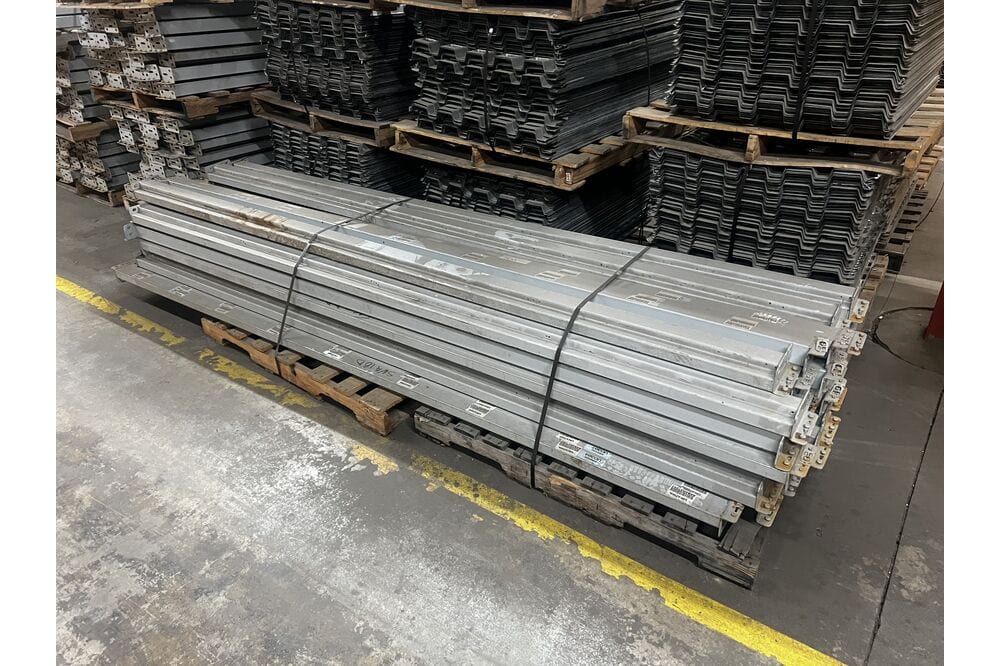 Images of disassembled teardrop pallet racking material liquidated from a warehouse in Newburyport, Massachusetts