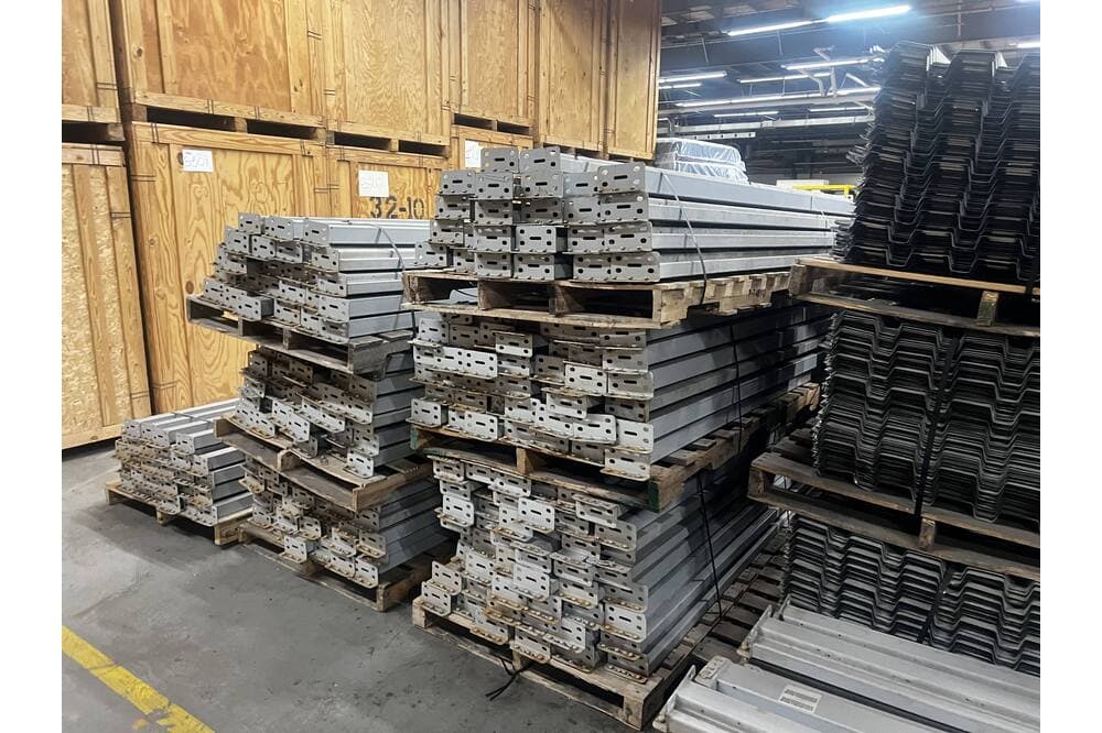 Images of disassembled teardrop pallet racking material liquidated from a warehouse in Newburyport, Massachusetts