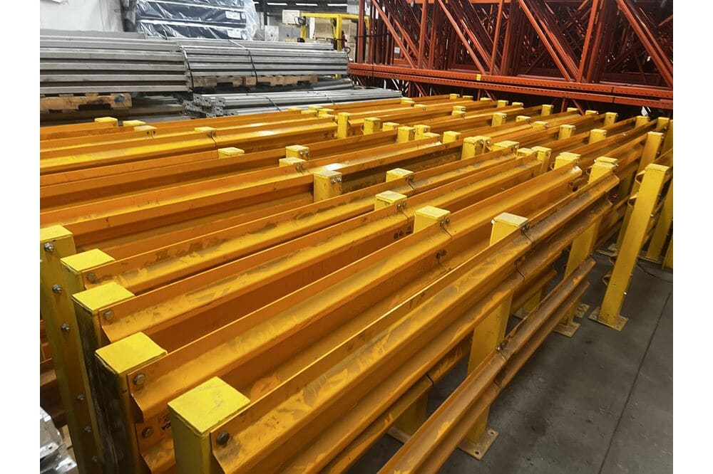 Images of disassembled teardrop pallet racking material liquidated from a warehouse in Newburyport, Massachusetts