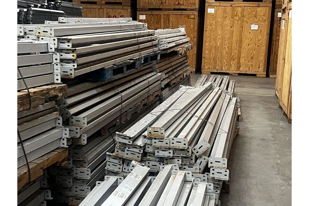 Images of disassembled teardrop pallet racking material liquidated from a warehouse in Newburyport, Massachusetts