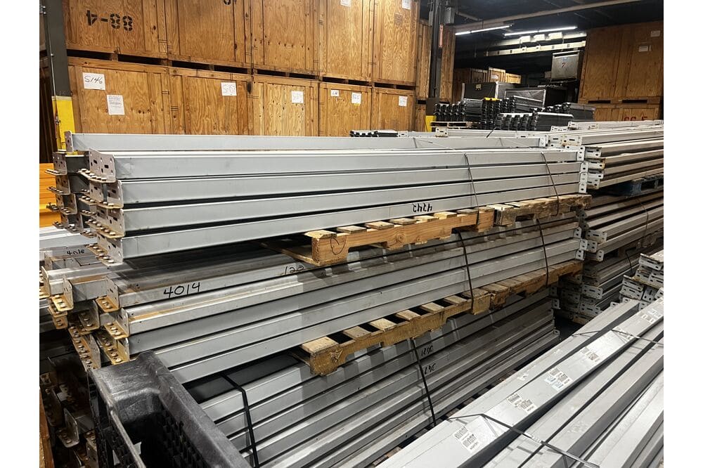 Images of disassembled teardrop pallet racking material liquidated from a warehouse in Newburyport, Massachusetts
