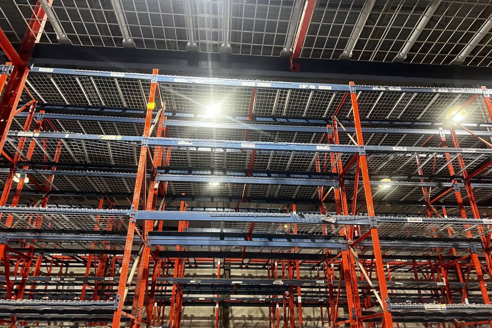 Frazier structural pallet rack frames assembled in used warehouse liquidation inventory