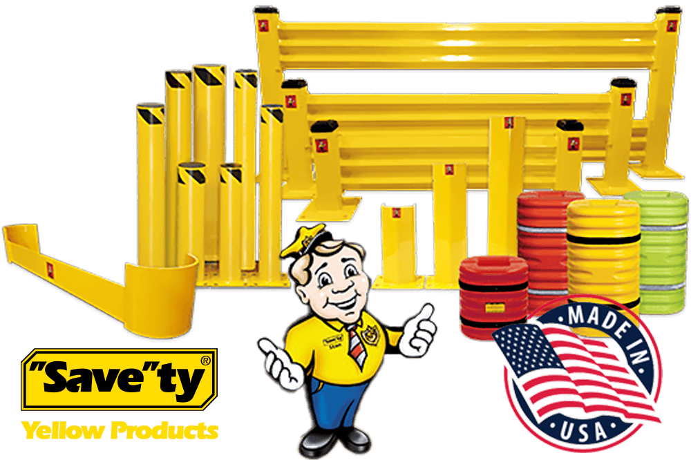 'Text: Save'ty Yellow Products - Made In USA, Image of Rack Protection Equipment Including Bollards, Guard Rail, End of Aisle Guards, Post Protectors, and Column Protectors