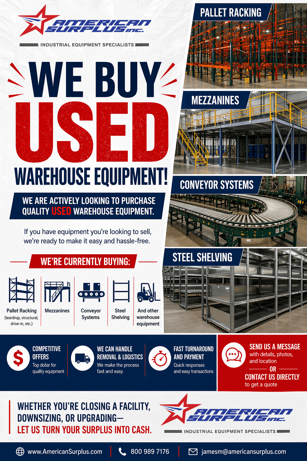 We Buy Used Warehouse Equipment! American Surplus is actively looking to purchase quality used warehouse equipment. If you have equipment you're looking to sell, we're ready to make it easy and hassle free. We're currently buying Pallet Racking (Teardrop, Structural, Drive-In, and other styles), Mezzanines, Conveyor, Steel Shelving, and other warehouse equipment. Some features of the ASI warehouse equipment purchasing program include 1) Competitive offers, returning you top dollar for your warehouse equipment. 2) ASI handles removal & logistics, making the process quick and easy. 3) Fast Turnaround Time and Payment with quick responses and easy transactions. Whether you're closing a facility, downsizing, or upgrading - Let us at ASI turn your Surplus into Cash. Send us a message with details, photos, and location to jamesm@americansurplus.com or contact us directly for a free quote at (800) 989-7176!