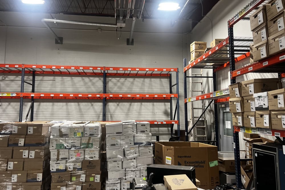 Images of used warehouse equipment liquidated from a record storage facility in Nashua, New Hampshire