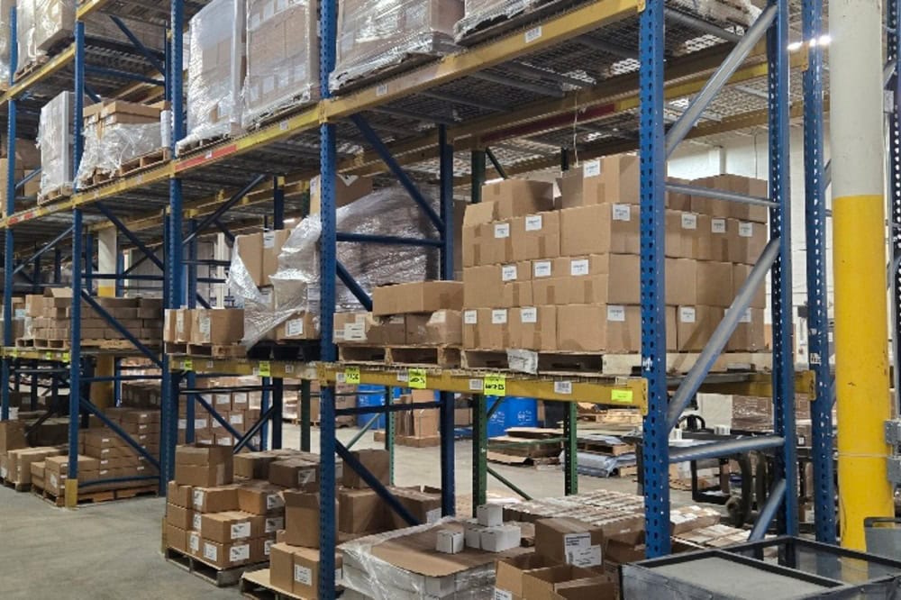 Images of used teardrop pallet racking material liquidated from a warehouse in Toledo, Ohio